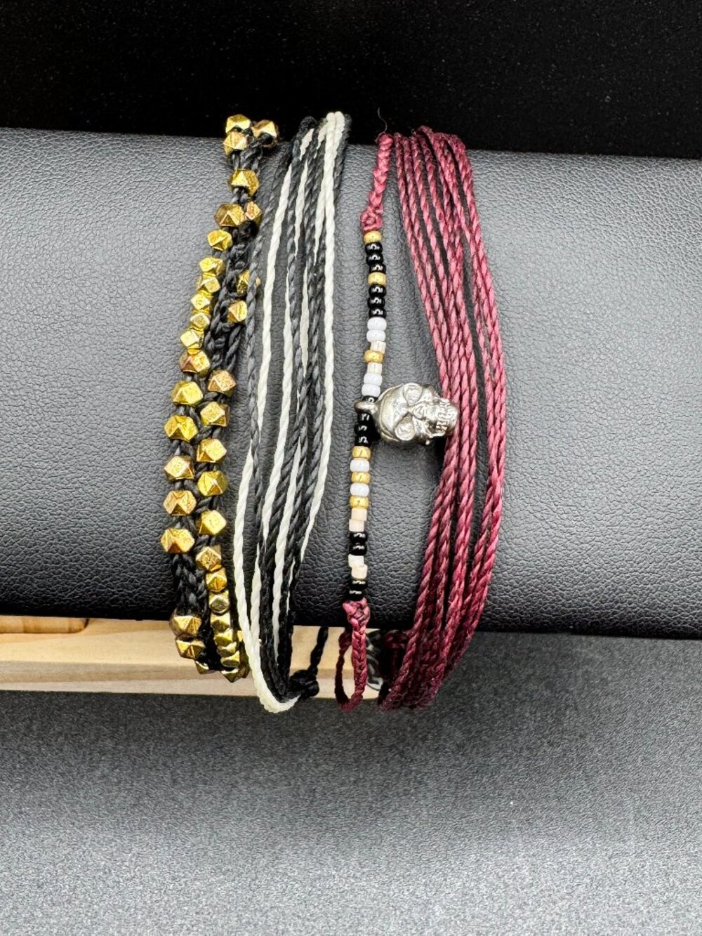 Pura Vida Silver Skull Charm Black Burgundy Gold Beaded Stack